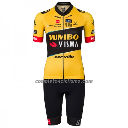 Completo Maglia + Pantaloncino con bretelle 2023 Jumbo-Visma Manica Corta Giallo Nero Donna